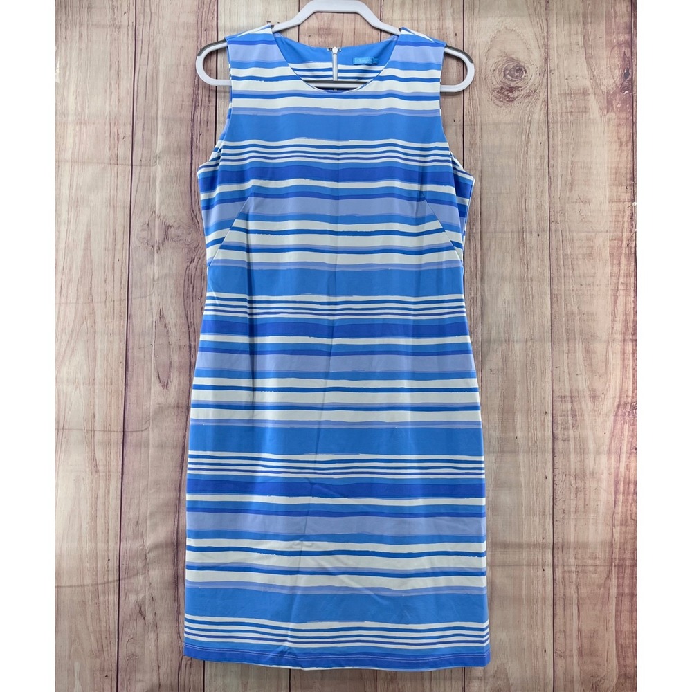 J.McLaughlin Sophia Blue White Stripe Sleeveless Sheath Shift Dress Size L